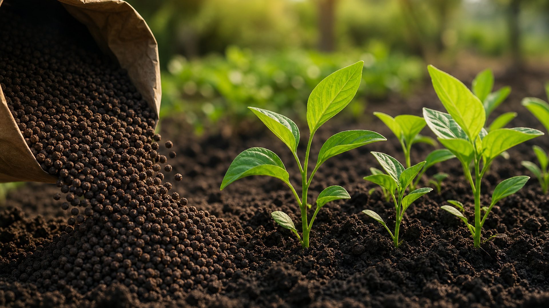 Organic NPK fertilizer granules on fertile farm soil
